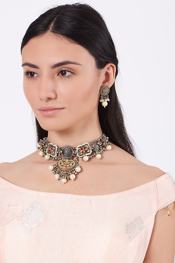 Oxidised Pearl & Kundan Polki Choker Necklace Set by Zevar By Geeta at Pernia's Pop Up Shop