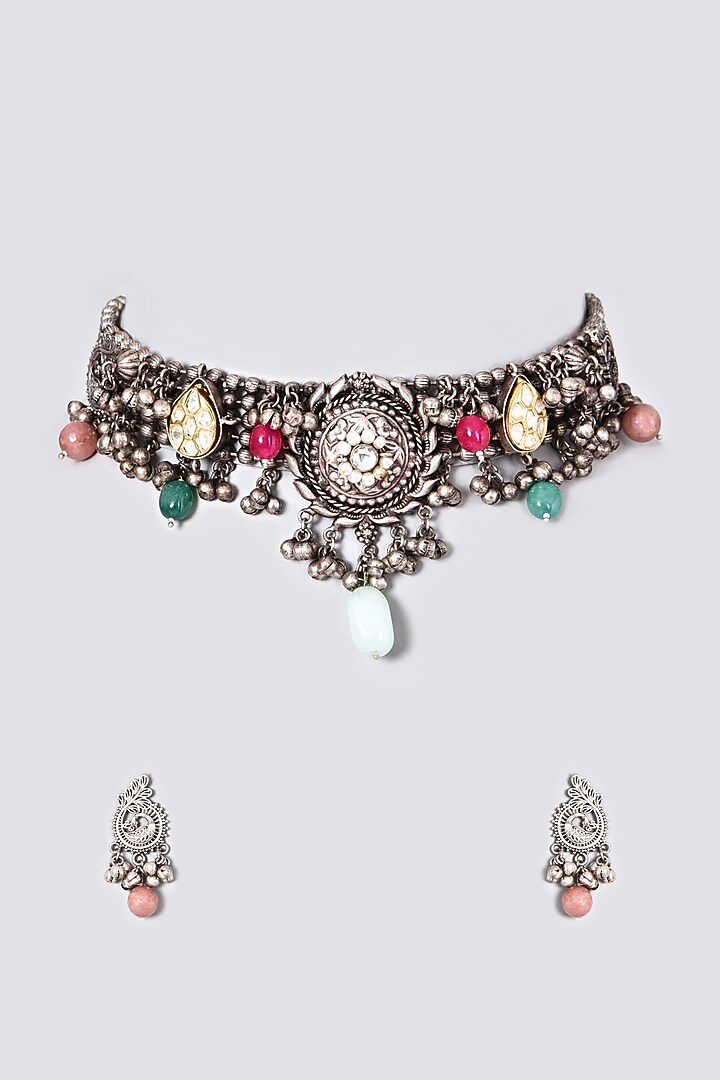 Oxidised Pearl & Kundan Polki Choker Necklace Set by Zevar By Geeta at Pernia's Pop Up Shop
