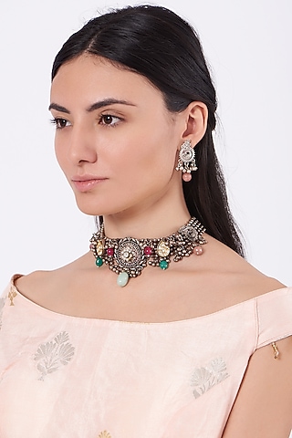 Oxidised Pearl & Kundan Polki Choker Necklace Set by Zevar By Geeta