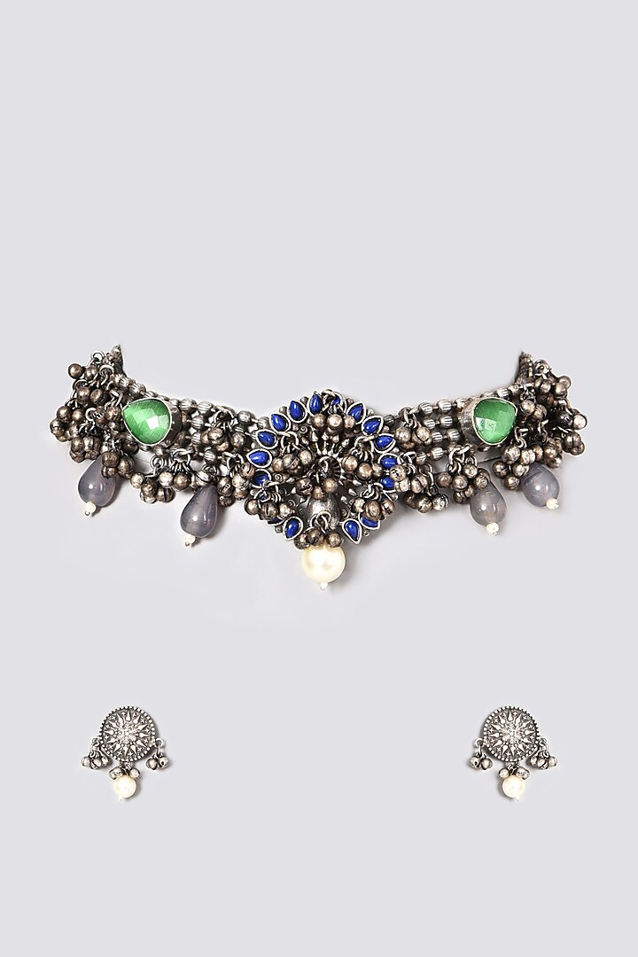 Oxidised Kundan Polki & Pearl Choker Necklace Set by Zevar By Geeta at Pernia's Pop Up Shop