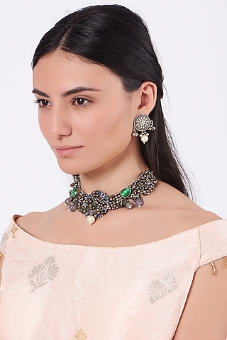 Oxidised Kundan Polki & Pearl Choker Necklace Set by Zevar By Geeta