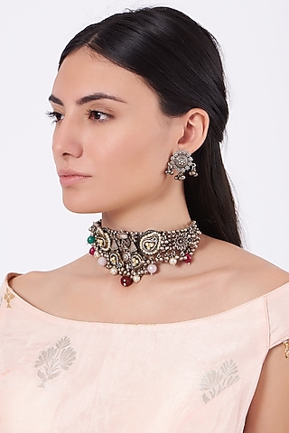 Oxidised Kundan Polki & Natural Stone Choker Necklace by Zevar By Geeta