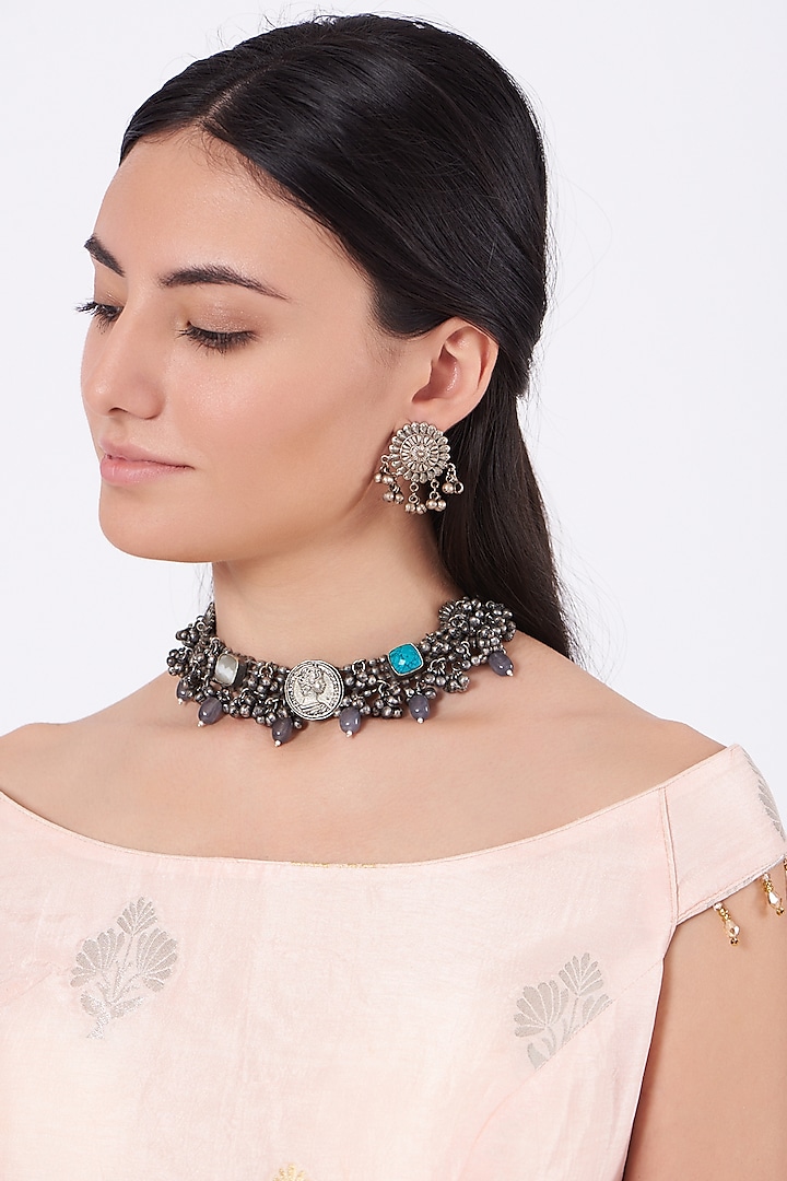 Oxidised Kundan Polki & Pearl Choker Necklace Set by Zevar By Geeta at Pernia's Pop Up Shop