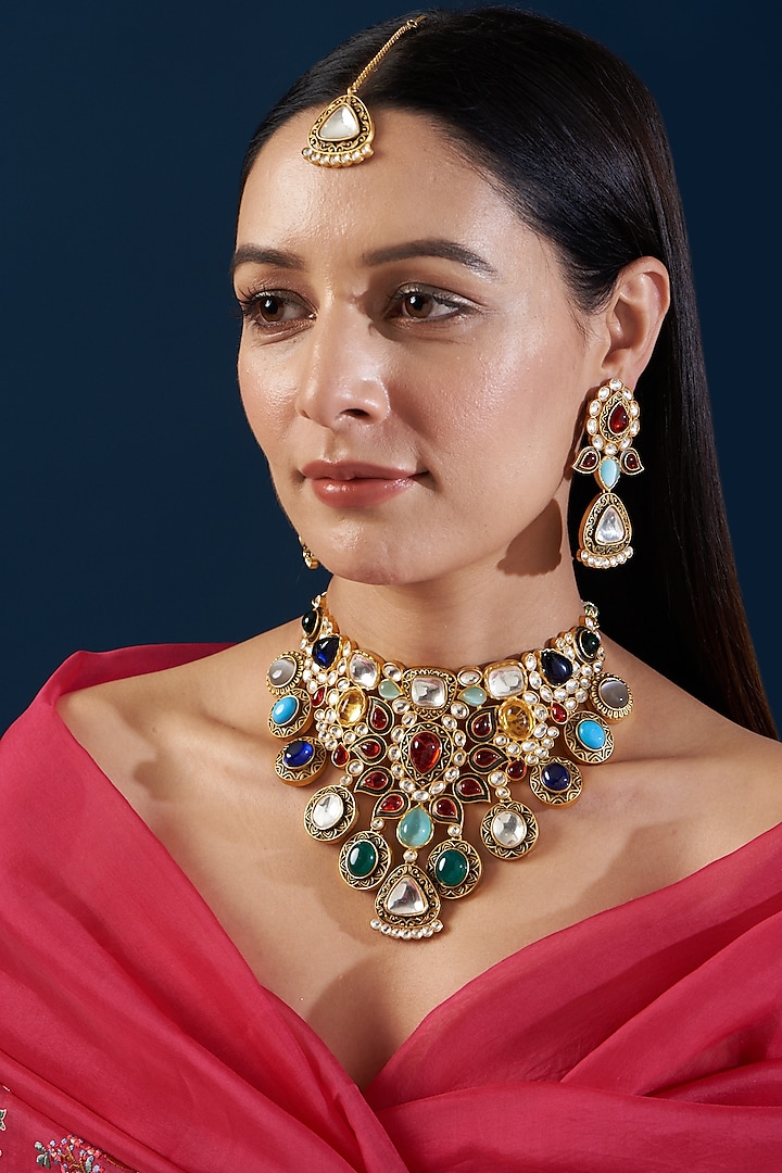 Gold Finish Kundan Polki 7 Navratna Stone Choker Necklace Set by Zevar By Geeta at Pernia's Pop Up Shop