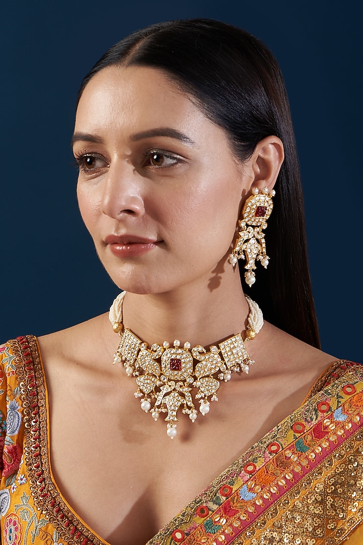 Gold Plated Kundan Polki & Motif Choker Necklace Set by Zevar By Geeta at Pernia's Pop Up Shop
