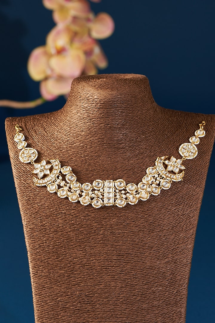 Gold Finish Kundan Polki & Pearl Sheeshphool by Zevar By Geeta at Pernia's Pop Up Shop