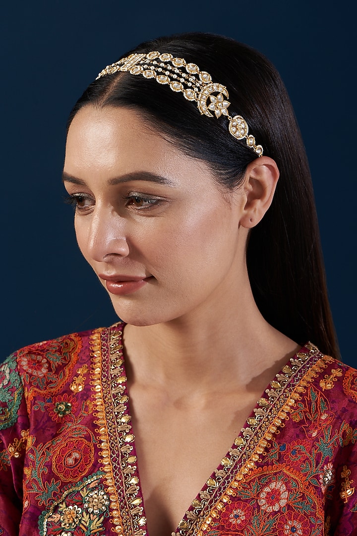 Gold Finish Kundan Polki & Pearl Sheeshphool by Zevar By Geeta at Pernia's Pop Up Shop