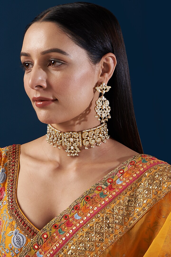Gold Plated Kundan Polki & Pearl Choker Necklace Set by Zevar By Geeta at Pernia's Pop Up Shop