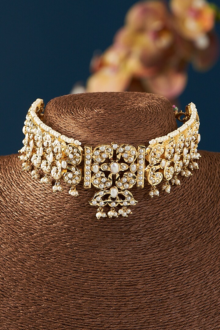 Gold Plated Kundan Polki & Pearl Choker Necklace Set by Zevar By Geeta at Pernia's Pop Up Shop
