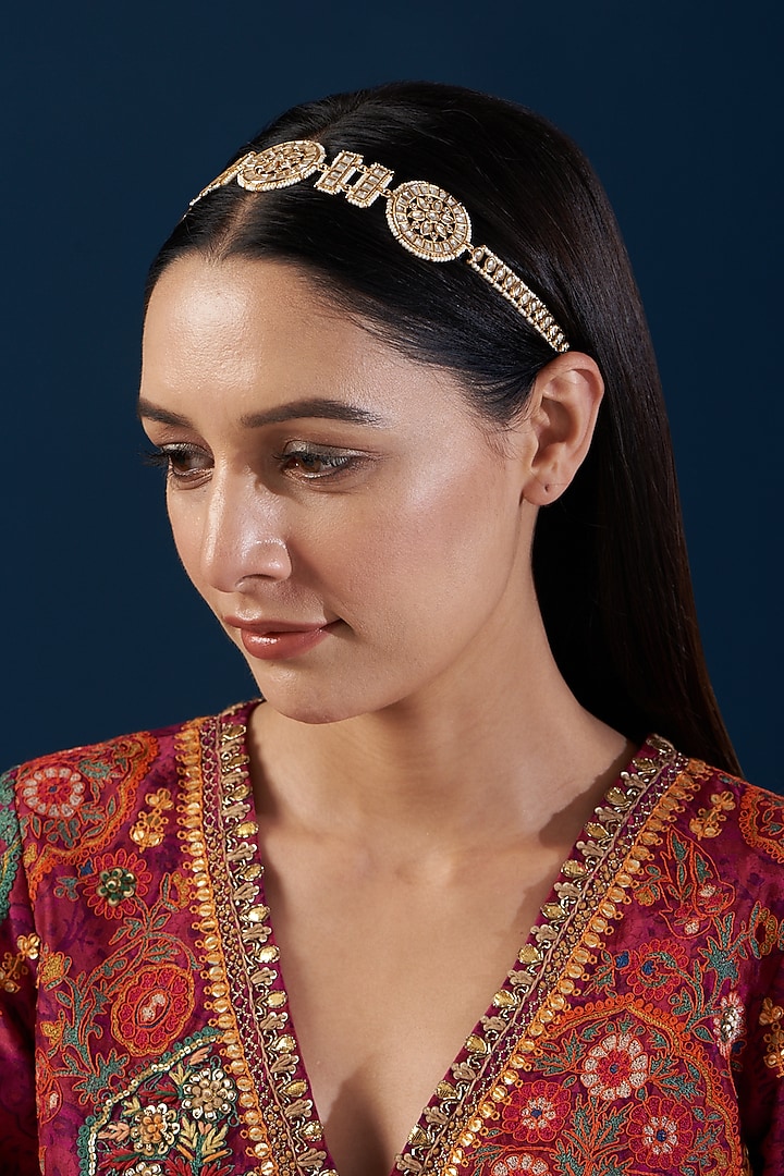 Gold Finish Kundan Polki & Pearl Sheeshphool by Zevar By Geeta at Pernia's Pop Up Shop