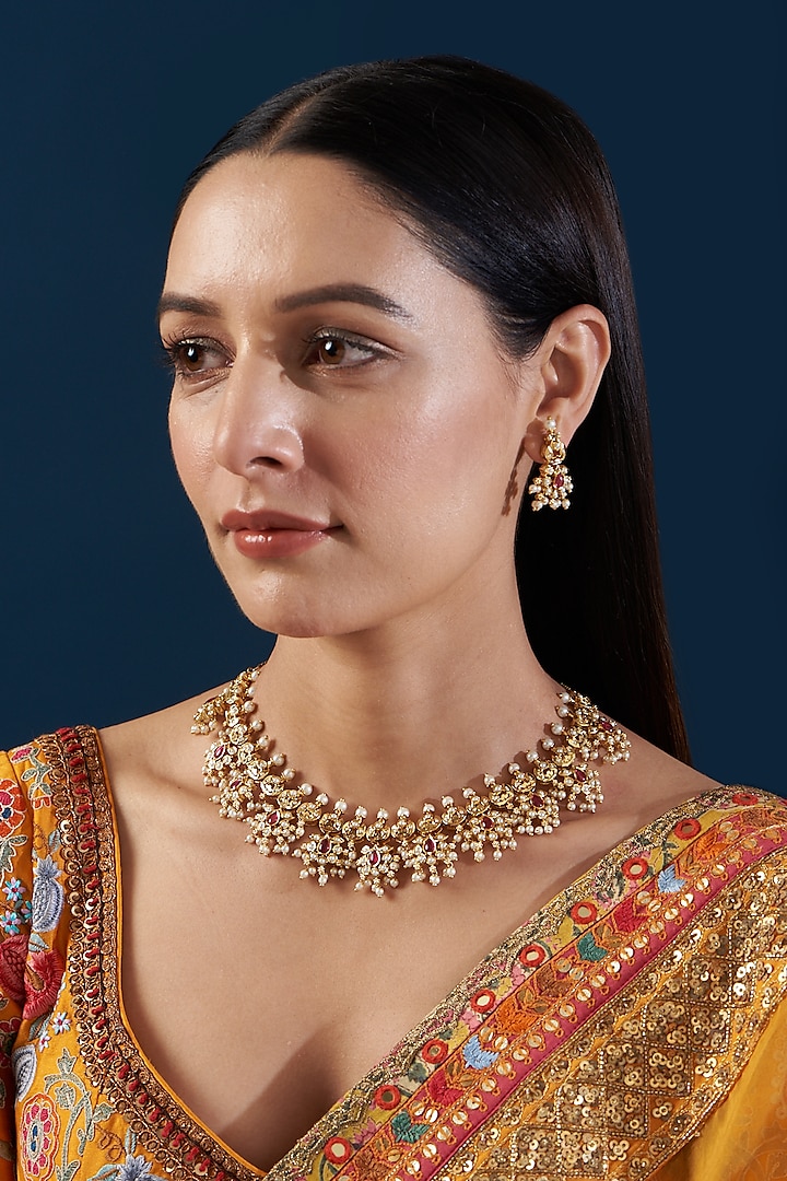 Gold Plated Kundan Polki & Jadau Stone Necklace Set by Zevar By Geeta at Pernia's Pop Up Shop