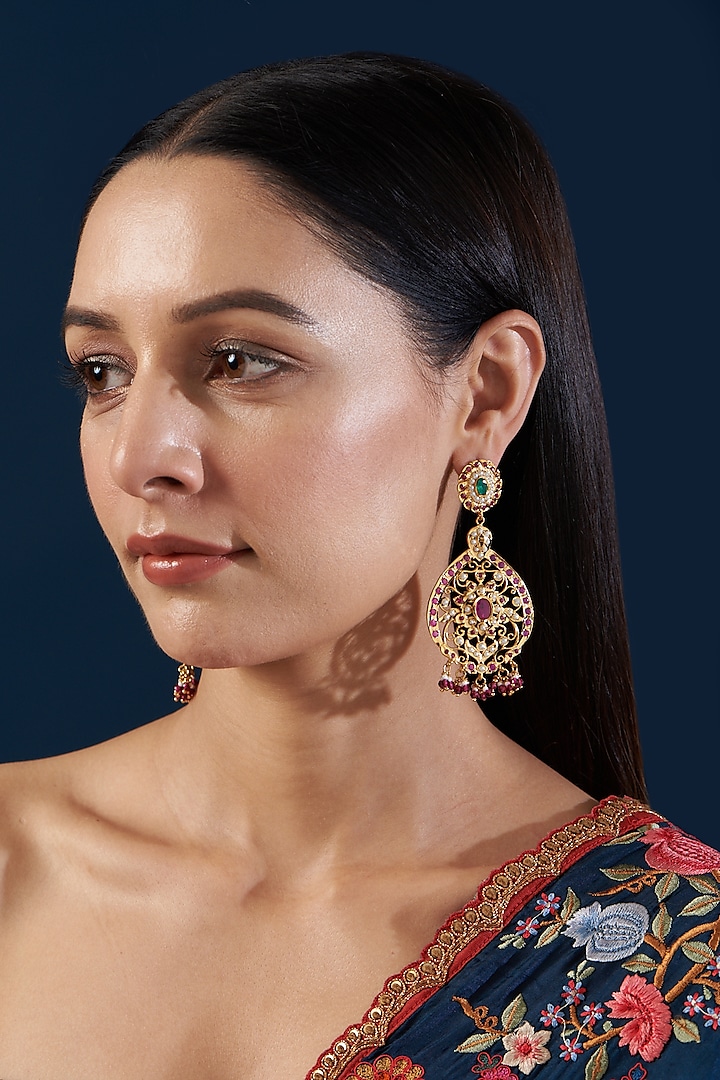 Gold Plated Kundan Polki & Pearl Chandbali Earrings by Zevar By Geeta at Pernia's Pop Up Shop