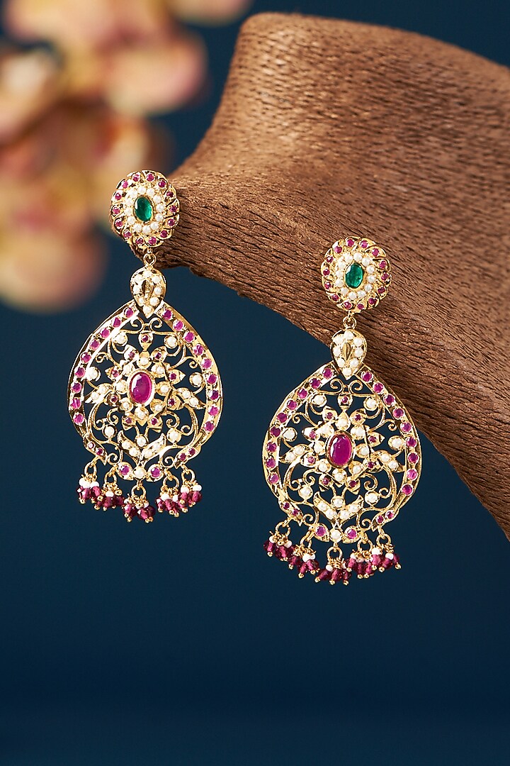 Gold Plated Kundan Polki & Pearl Chandbali Earrings by Zevar By Geeta at Pernia's Pop Up Shop