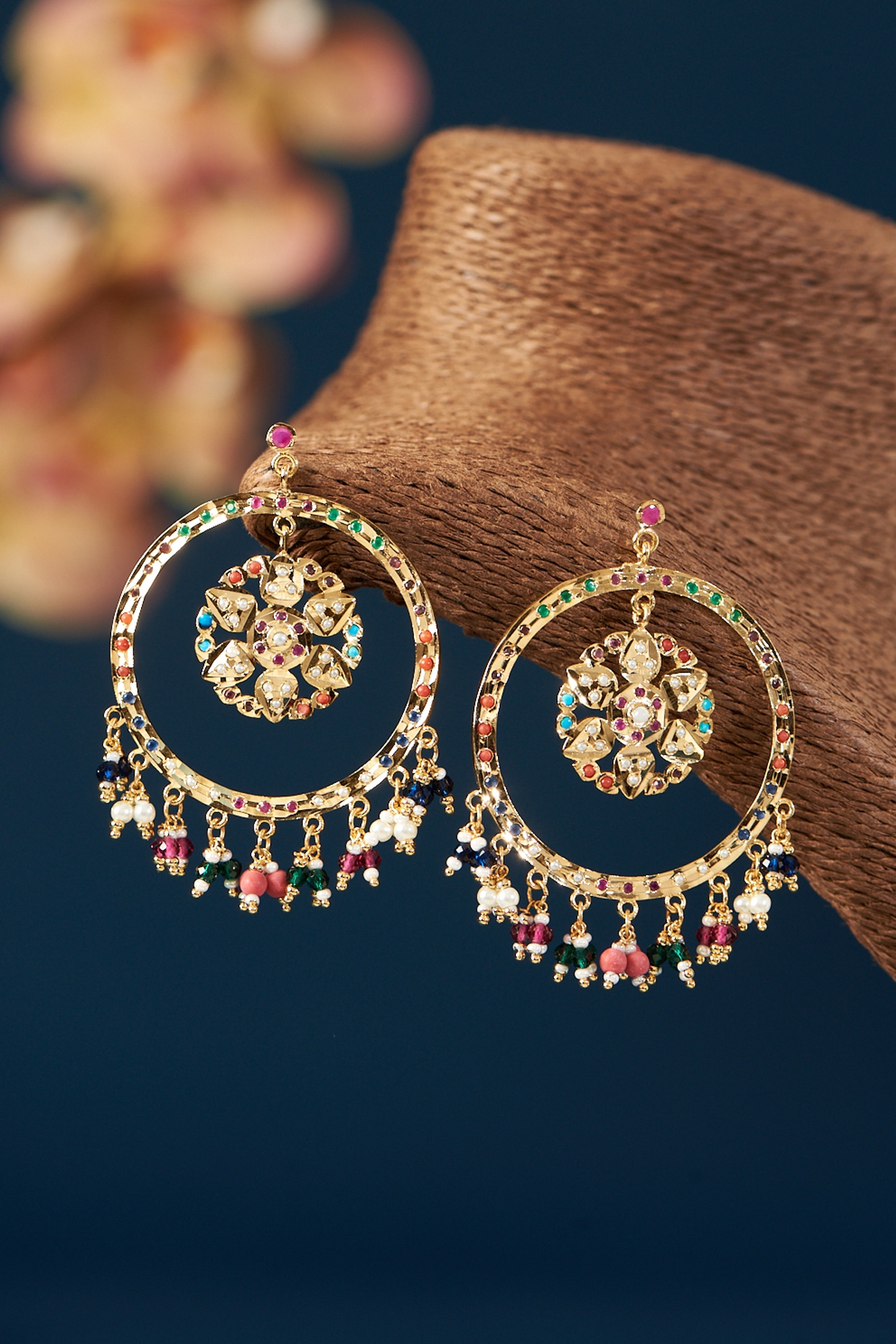 22K Gold Uncut Diamond Chand Bali Earrings With Ruby , Emerald & Japanese  Culture Pearls - 235-DER1055 in 29.000 Grams