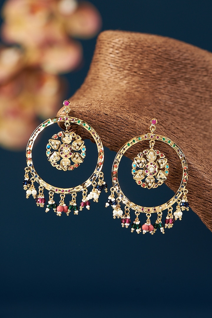 Gold Plated Kundan Polki Pearl Chandbali Earrings by Zevar By - Main Image