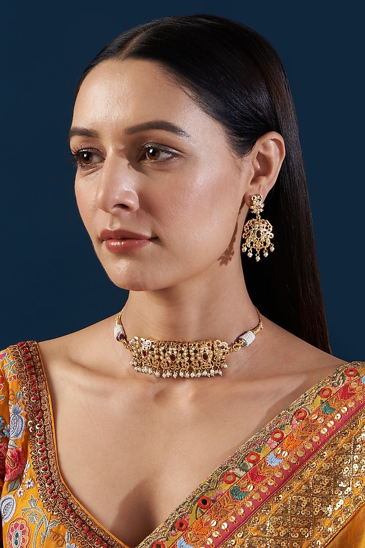 Gold Plated Kundan Polki & Jadau Stone Choker Necklace Set by Zevar By Geeta at Pernia's Pop Up Shop