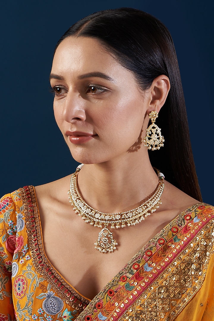 Gold Plated Kundan Polki & Jadau Stone Necklace Set by Zevar By Geeta at Pernia's Pop Up Shop
