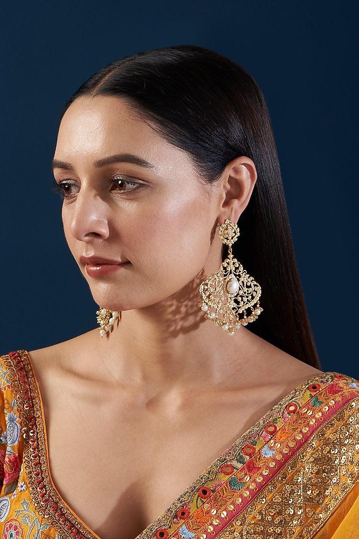 Gold Plated Kundan Polki & Pearl Dangler Earrings by Zevar By Geeta at Pernia's Pop Up Shop