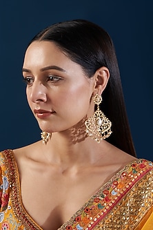 Gold Plated Kundan Polki & Pearl Dangler Earrings by Zevar By Geeta-DESIGNER EARRINGS