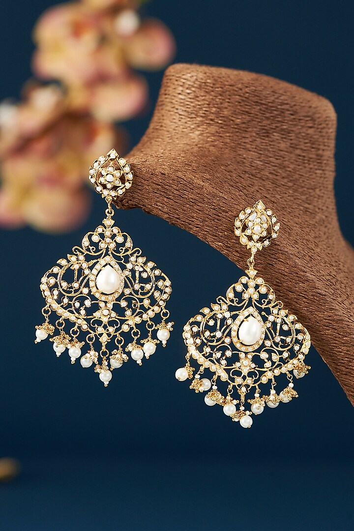 Gold Plated Kundan Polki & Pearl Dangler Earrings by Zevar By Geeta at Pernia's Pop Up Shop