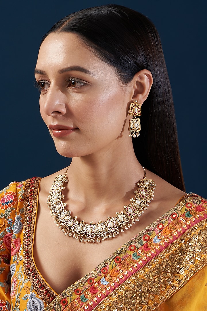 Gold Plated Kundan Polki & Jadau Stone Necklace Set by Zevar By Geeta at Pernia's Pop Up Shop