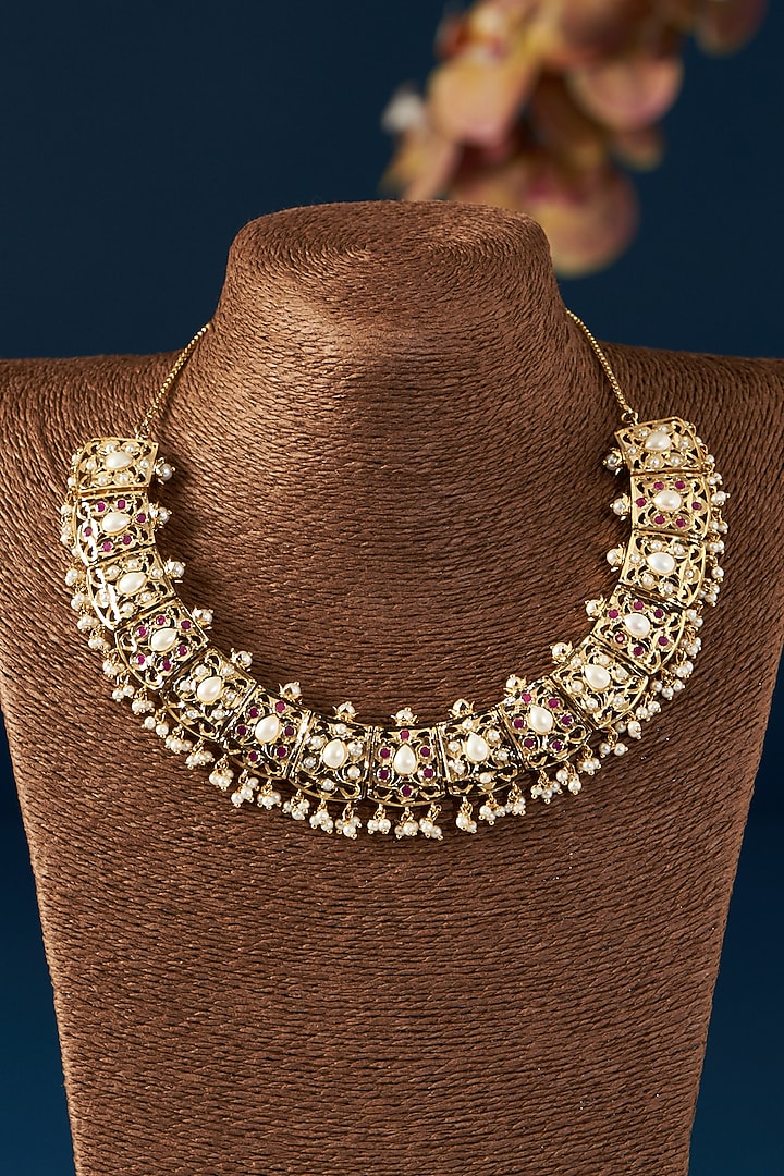 Gold Plated Kundan Polki & Jadau Stone Necklace Set by Zevar By Geeta at Pernia's Pop Up Shop