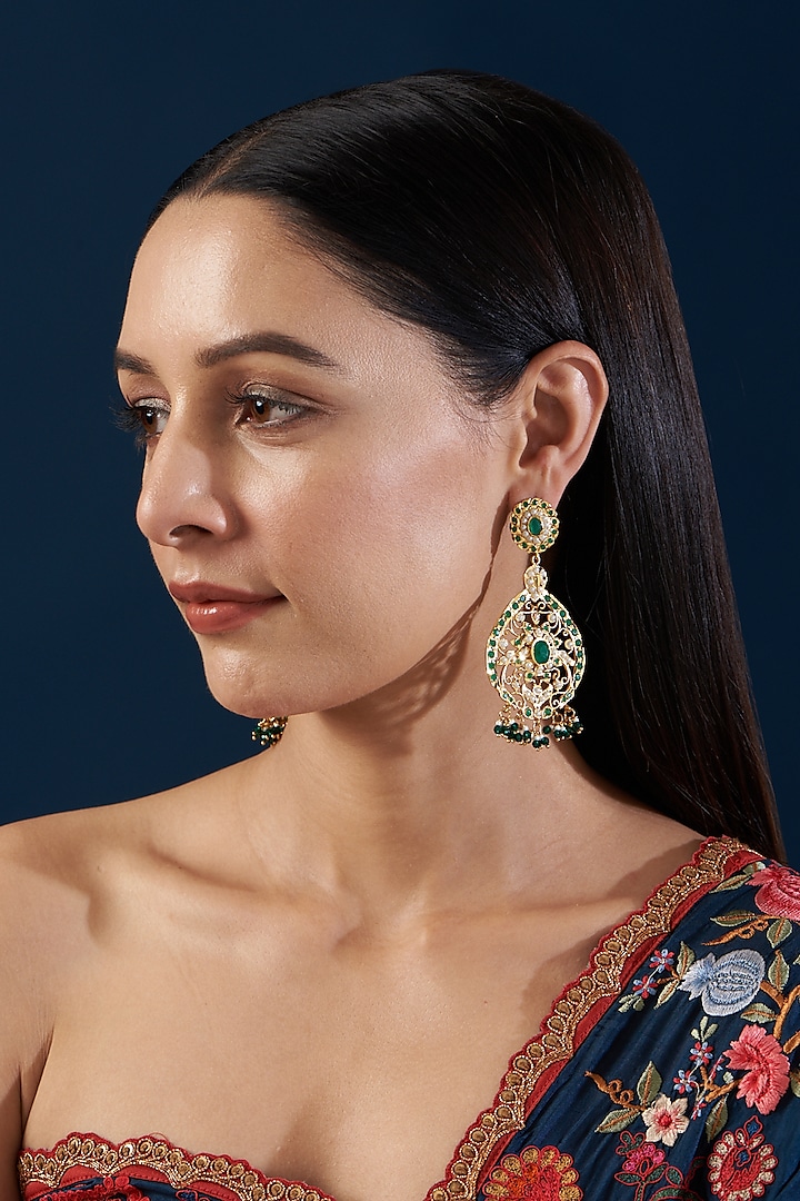 Gold Plated Kundan Polki & Pearl Dangler Earrings by Zevar By Geeta