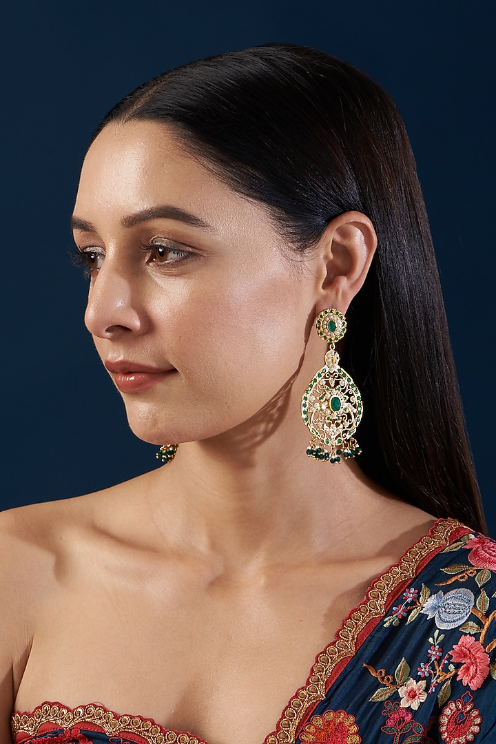 Gold Plated Kundan Polki & Pearl Dangler Earrings by Zevar By Geeta at Pernia's Pop Up Shop