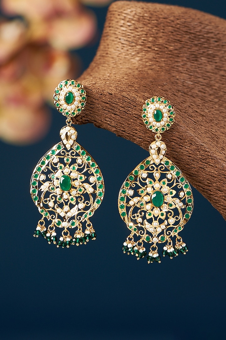 Gold Plated Kundan Polki & Pearl Dangler Earrings by Zevar By Geeta at Pernia's Pop Up Shop