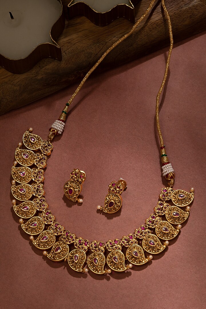 Gold Finish Pink Stone Traditional Necklace Set by Zevar by Geeta at Pernia's Pop Up Shop