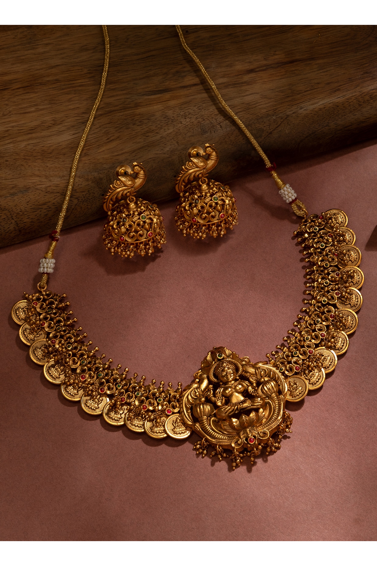 Gold Plated Synthetic Stone Traditional Coin Necklace Set by Zevar by Geeta  at Pernia's Pop Up Shop