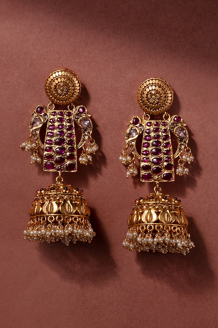 Gold Finish Pearls & Synthetic Stones Jhumka Earrings by Zevar by Geeta