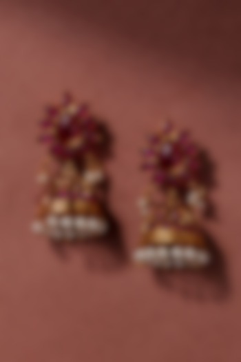 Gold Plated Synthetic Stone & Pearl Temple Jhumka Earrings by Zevar by Geeta at Pernia's Pop Up Shop