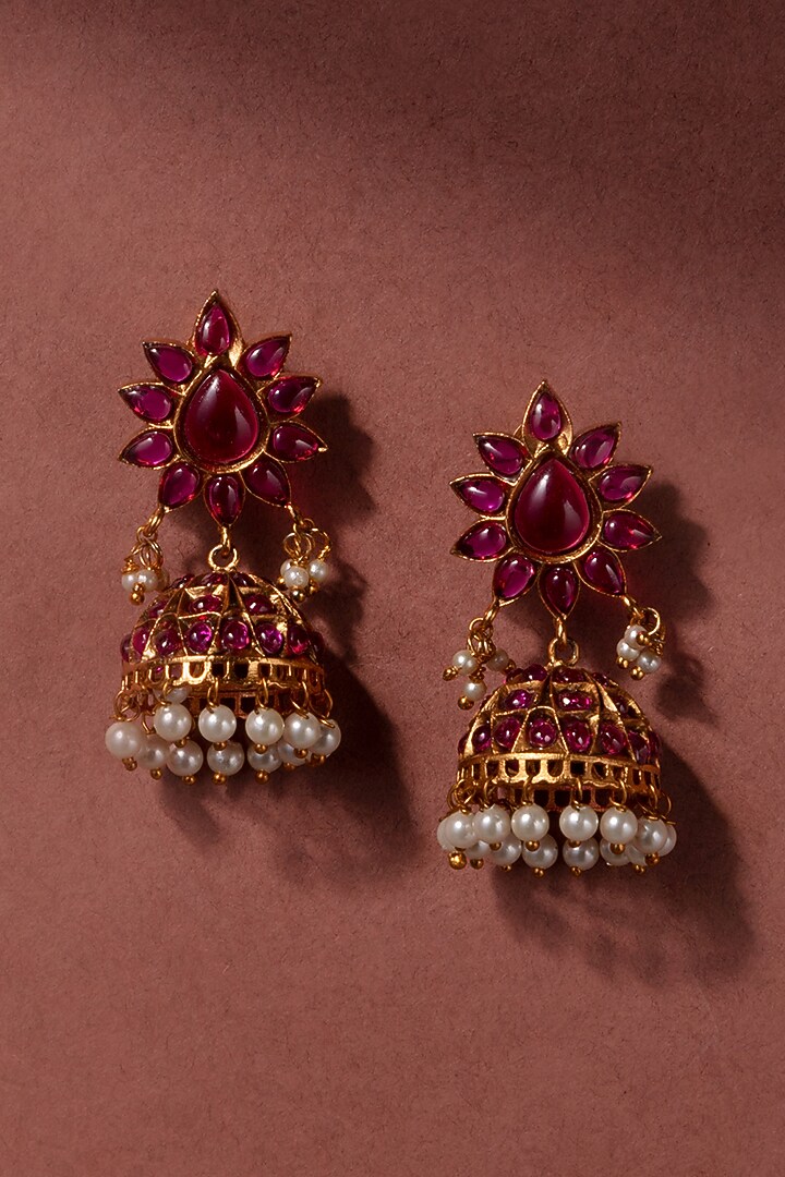 Gold Plated Synthetic Stone & Pearl Temple Jhumka Earrings by Zevar by Geeta at Pernia's Pop Up Shop