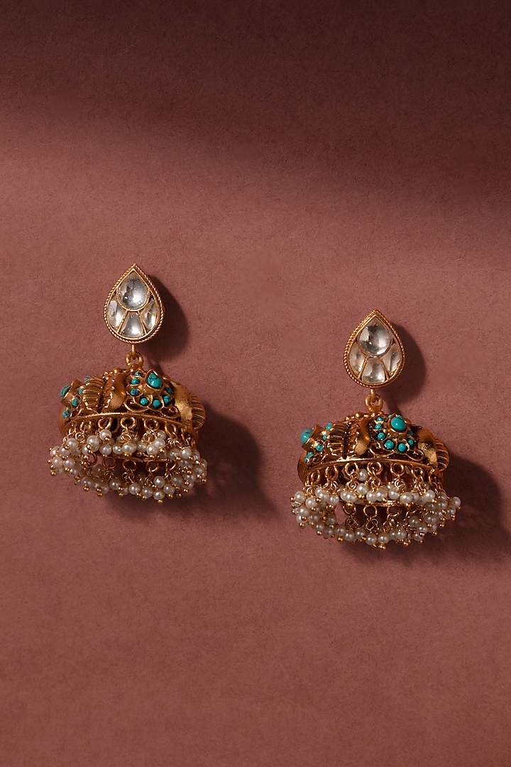Gold Finish Turquoise Stones Jhumka Earrings by Zevar by Geeta