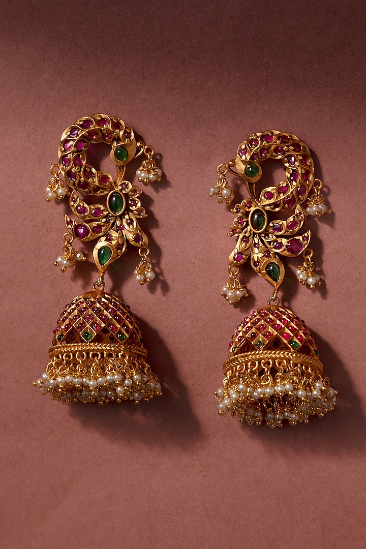 Gold Finish Synthetic Stones & Pearl Temple Jhumka Earrings by Zevar by Geeta
