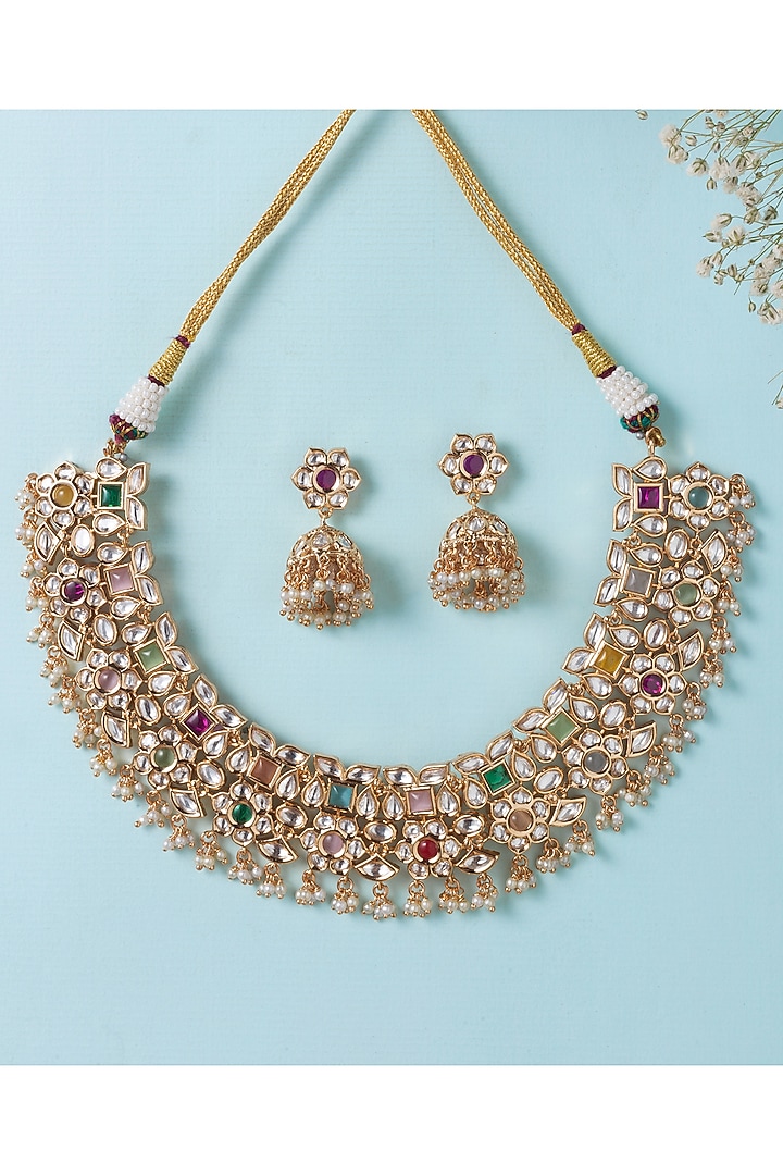 Gold Finish Kundan Polki & Navratan Stone Choker Necklace Set by Zevar by Geeta at Pernia's Pop Up Shop