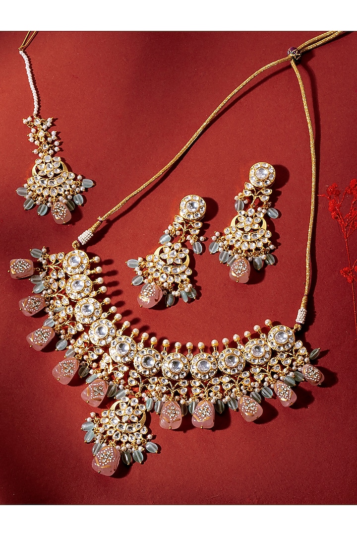 Gold Finish Kundan Polki & Pearl Choker Necklace Set by Zevar by Geeta at Pernia's Pop Up Shop