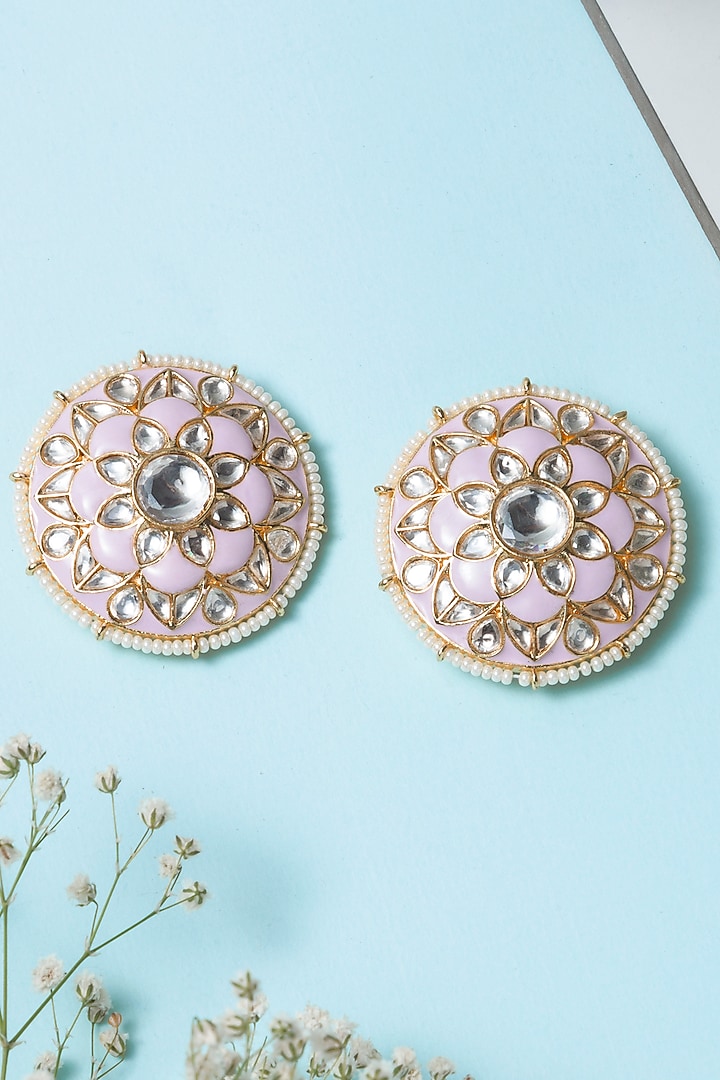 Gold Finish Kundan Polki Meenakari Stud Earrings by Zevar by Geeta at Pernia's Pop Up Shop