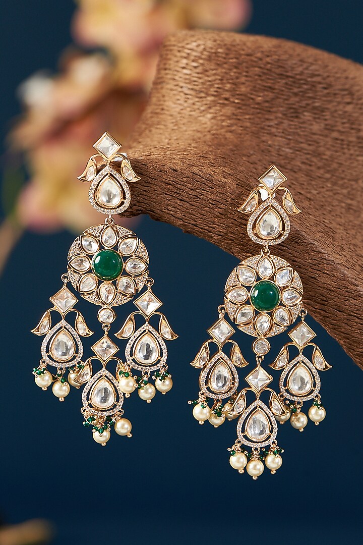 Black Rhodium Finish Kundan Polki & Pearl Dangler Earrings by Zevar By Geeta at Pernia's Pop Up Shop