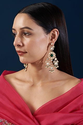 Black Rhodium Finish Kundan Polki & Pearl Dangler Earrings by Zevar By Geeta