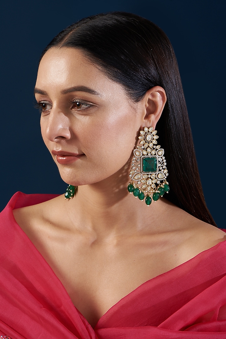 Black Rhodium Finish Kundan Polki & Emerald Dangler Earrings by Zevar By Geeta at Pernia's Pop Up Shop