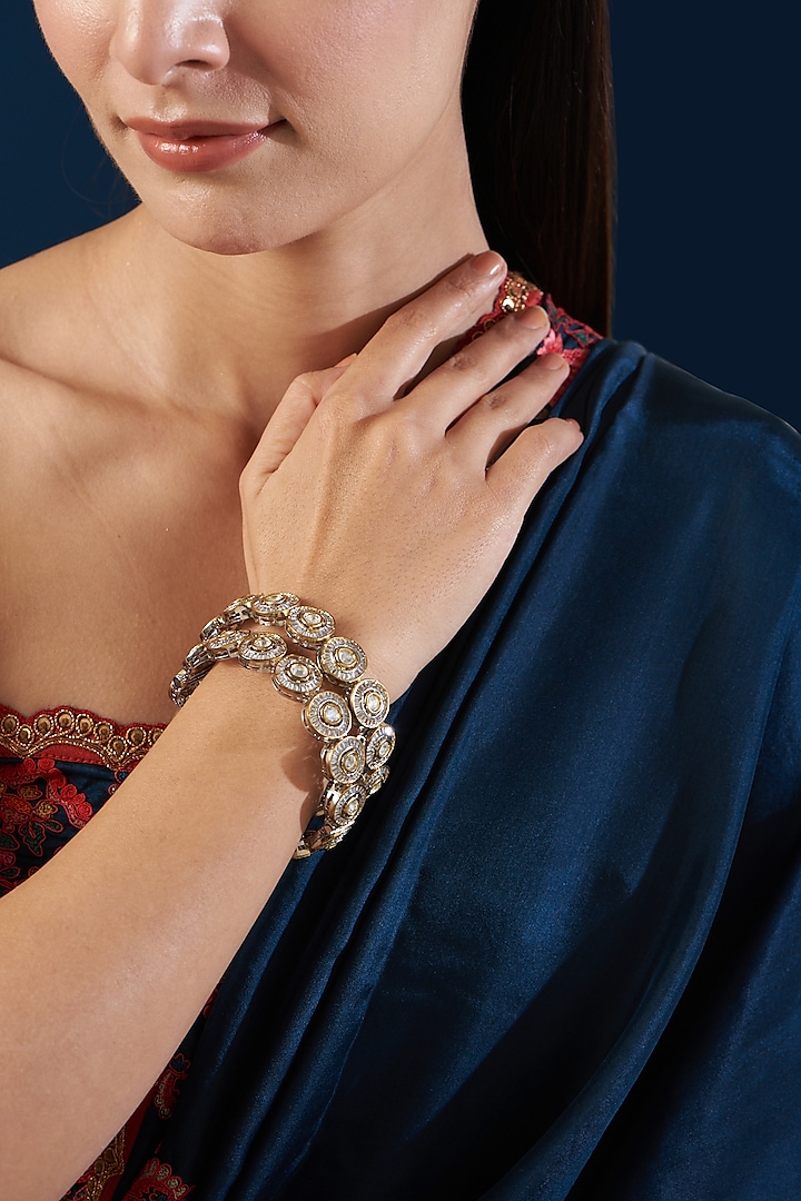 White Rhodium Finish Kundan Polki & Diamond Kadas (Set of 2) by Zevar By Geeta at Pernia's Pop Up Shop