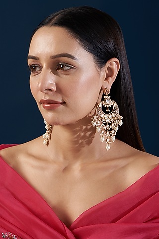 Black Rhodium Finish Kundan Polki & Diamond Dangler Earrings by Zevar By Geeta