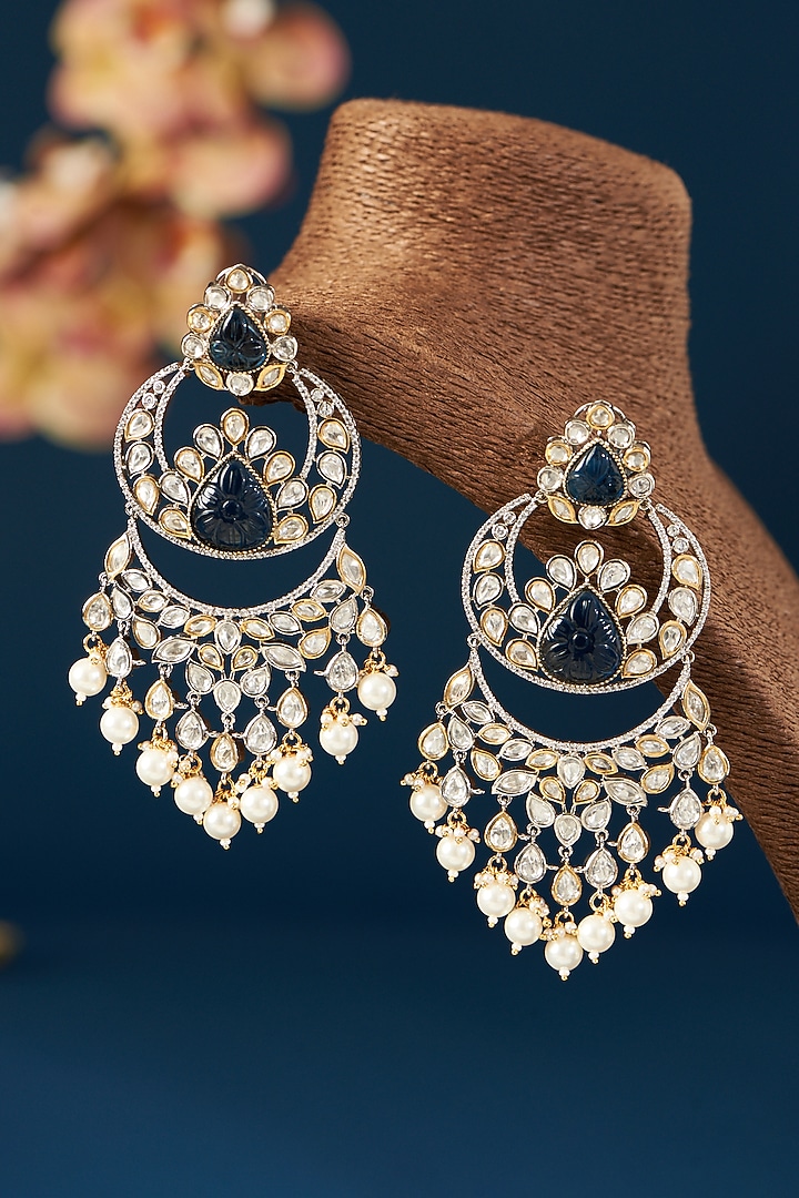 Black Rhodium Finish Kundan Polki & Sapphire Stone Dangler Earrings by Zevar By Geeta at Pernia's Pop Up Shop