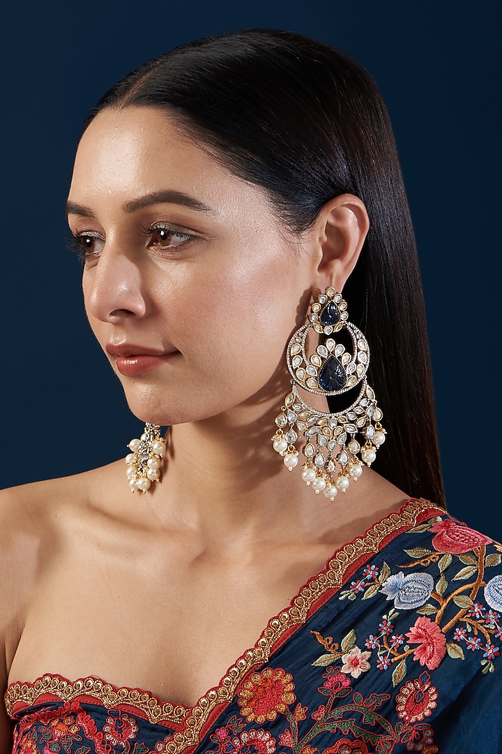 Black Rhodium Finish Kundan Polki & Sapphire Stone Dangler Earrings by Zevar By Geeta at Pernia's Pop Up Shop