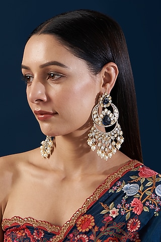 Black Rhodium Finish Kundan Polki & Sapphire Stone Dangler Earrings by Zevar By Geeta