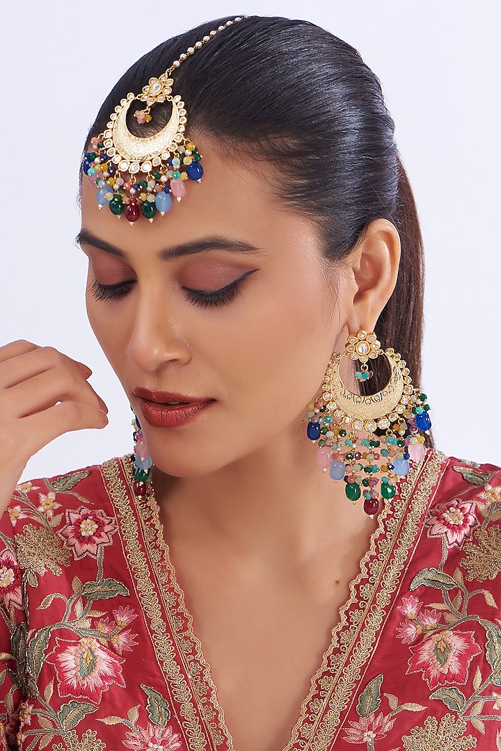 Gold Plated Multi-colored Kundan Polki & Pearl Meenakari Dangler Earrings With Maang Tikka by Zevar By Geeta at Pernia's Pop Up Shop