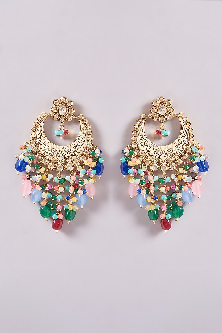 Gold Plated Multi-colored Kundan Polki & Pearl Meenakari Dangler Earrings With Maang Tikka by Zevar By Geeta at Pernia's Pop Up Shop