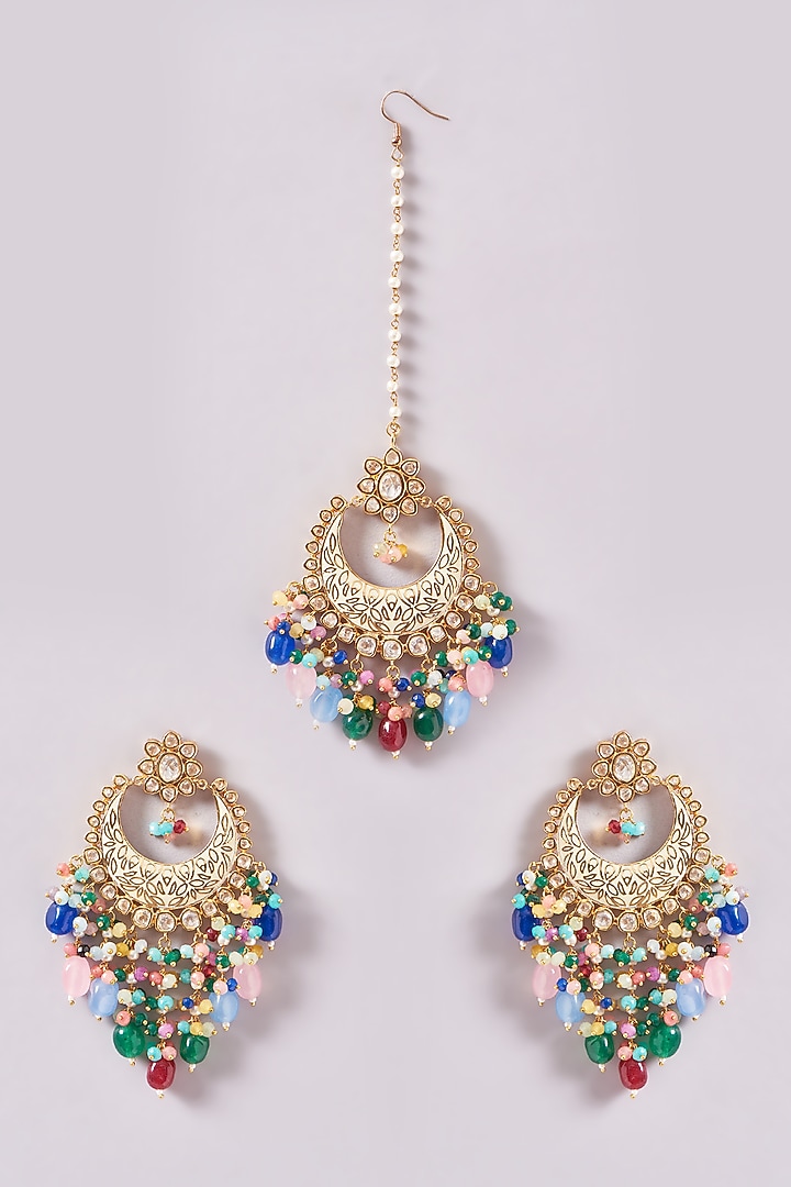 Gold Plated Multi-colored Kundan Polki & Pearl Meenakari Dangler Earrings With Maang Tikka by Zevar By Geeta at Pernia's Pop Up Shop